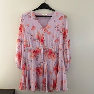 LuLu’s Entro Women Long Balloon Sleeve Lavender Floral V-neck Dress Size Medium